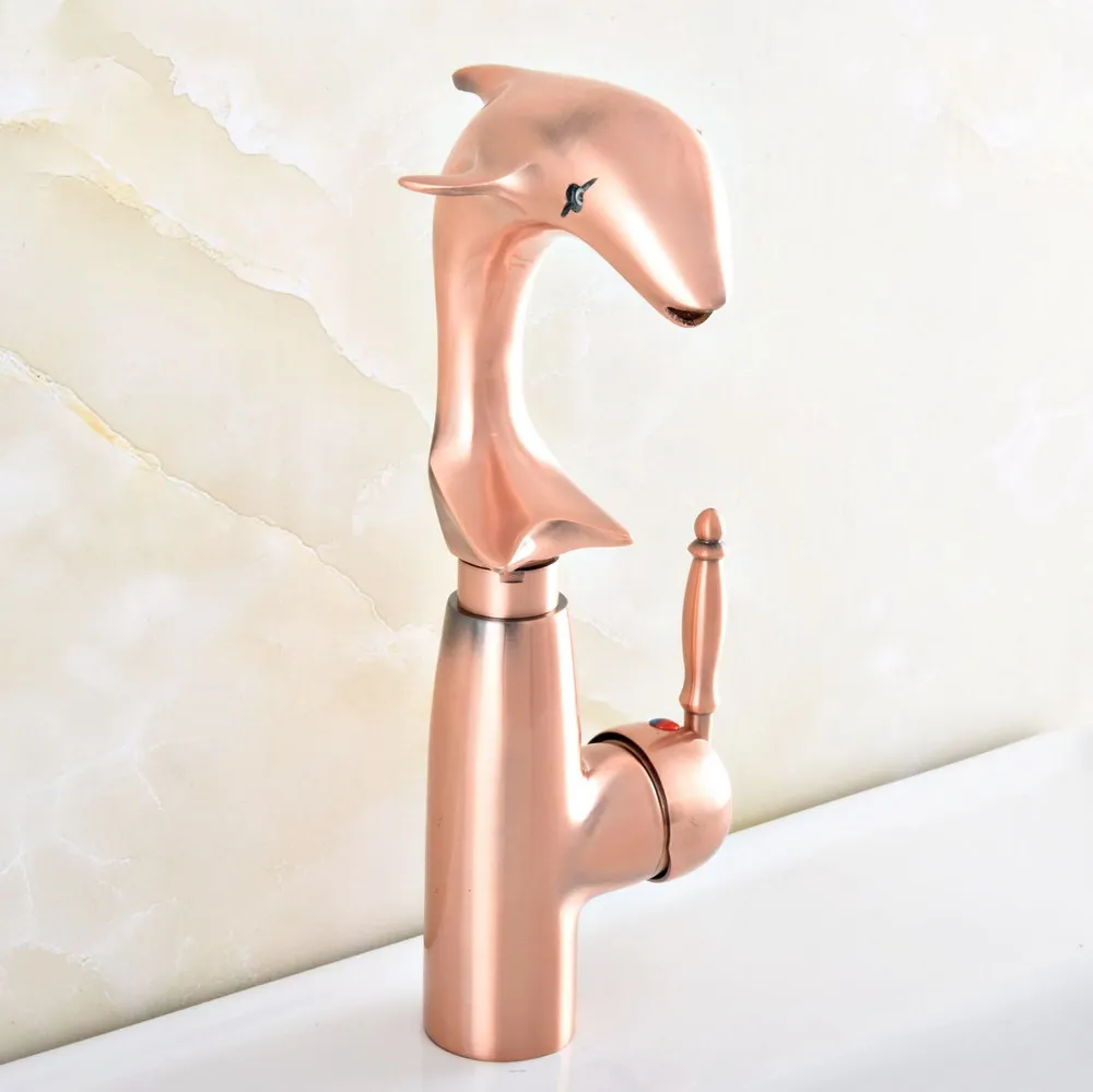 Red Copper Dolphin Shaped Bathroom Faucet Single Handle Basin Sink Mixer Deck Mounted Hot and Cold Water Tap Nsf850