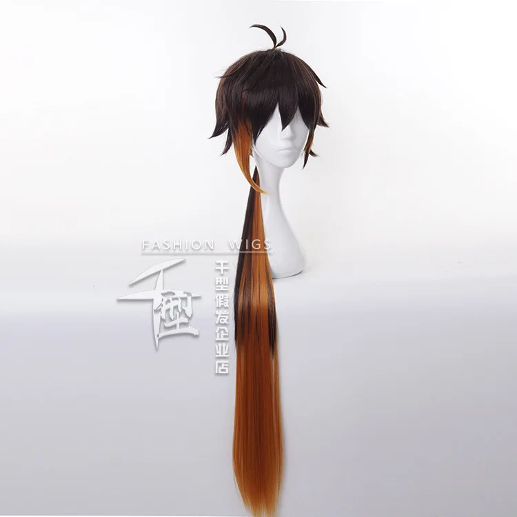 2021 Genshin Impact Zhongli Cosplay Long Brown Orange Natural Warp Wig Cosplay Anime Wigs Heat Resistant Synthetic Wigs Costume