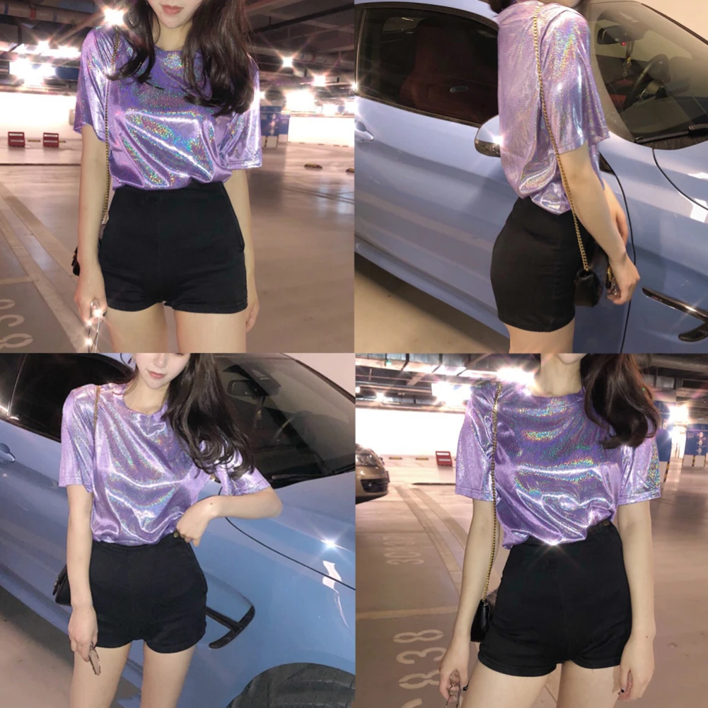 New summer retro style stylish bright silk woman tops shiny loose short sleeve t-shirt sexy club aesthetic harajuku women tshirt