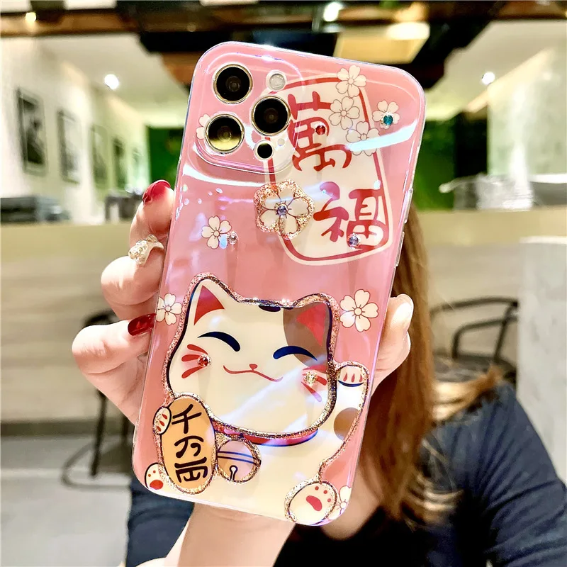 Cartoon Pink Lucky Cat Rhinestone Cat Back Cover for IPhone 11 12 Pro Max XS X XR 7 8 Plus SE Mini Soft TPU Shockproof Cover