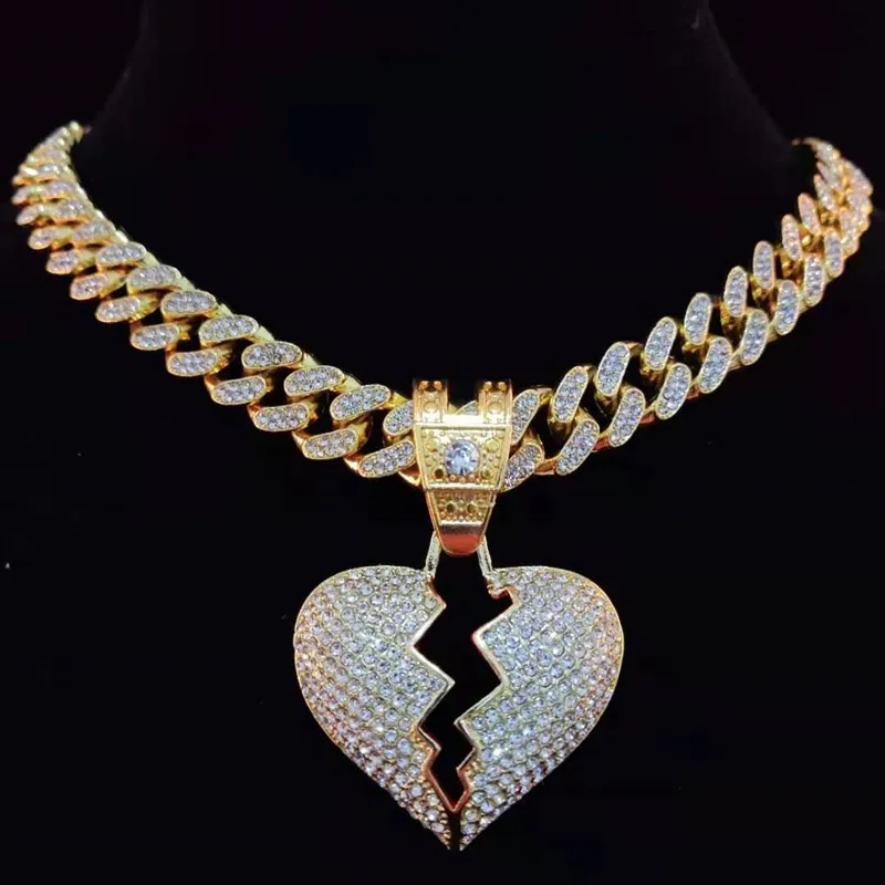 Men Hip Hop Chain Iced Out Bling Bling Heart Broke Pendant Necklace13mm Miami Cuban Chain HipHop Necklaces Fashion Charm Jewelry