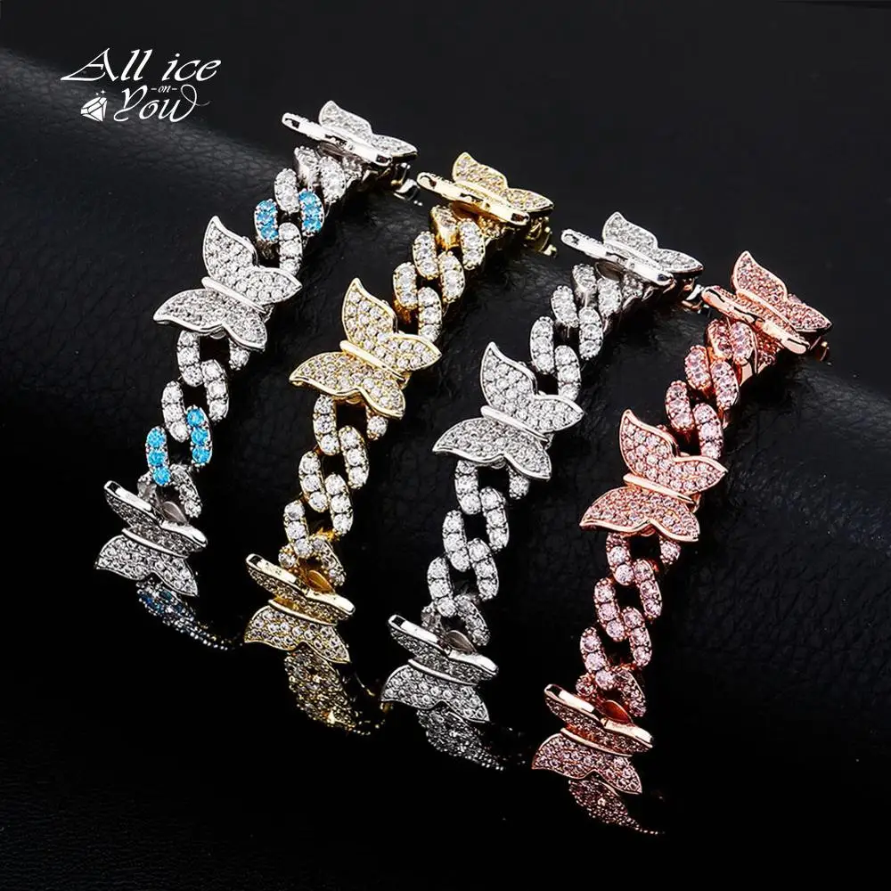 ALLICEONYOU Butterfly Chain 8MM Cuban Chain Bracelet Iced Out Cubic Zirconia High Quality Hip Hop Charm Jewelry For Women Gift