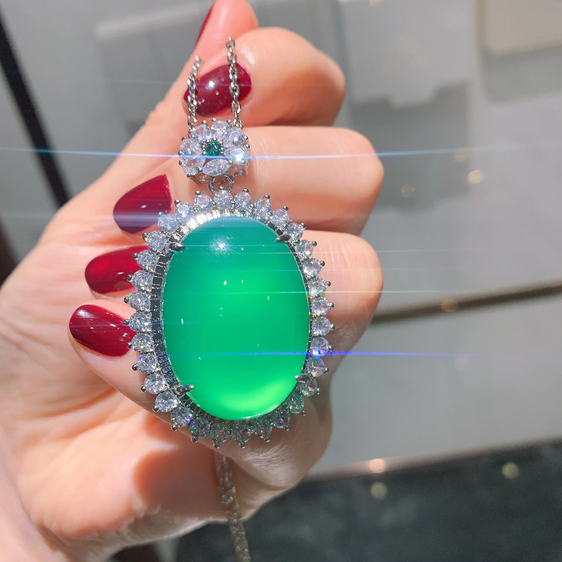 

QTT Luxury Silver Color Pendant Necklace Lab Emerald Tourmaline Stone Chain Necklace For Women Wedding Accessories