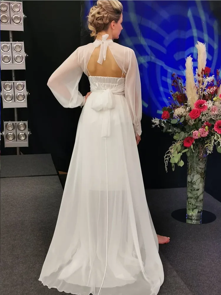 Front Short Long Back Elegant Wedding Dress 2021 New Halter A-Line Detachable Train Full Sleeves Backless For Female Bride Gown