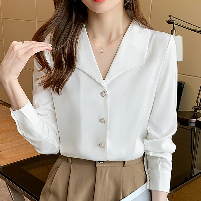 

New V-neck Satin Long Sleeve White Shirt Korean Chiffon Blouse Female Elegant Tops Mujer Blusas Solid Spliced Dropshipping 2606