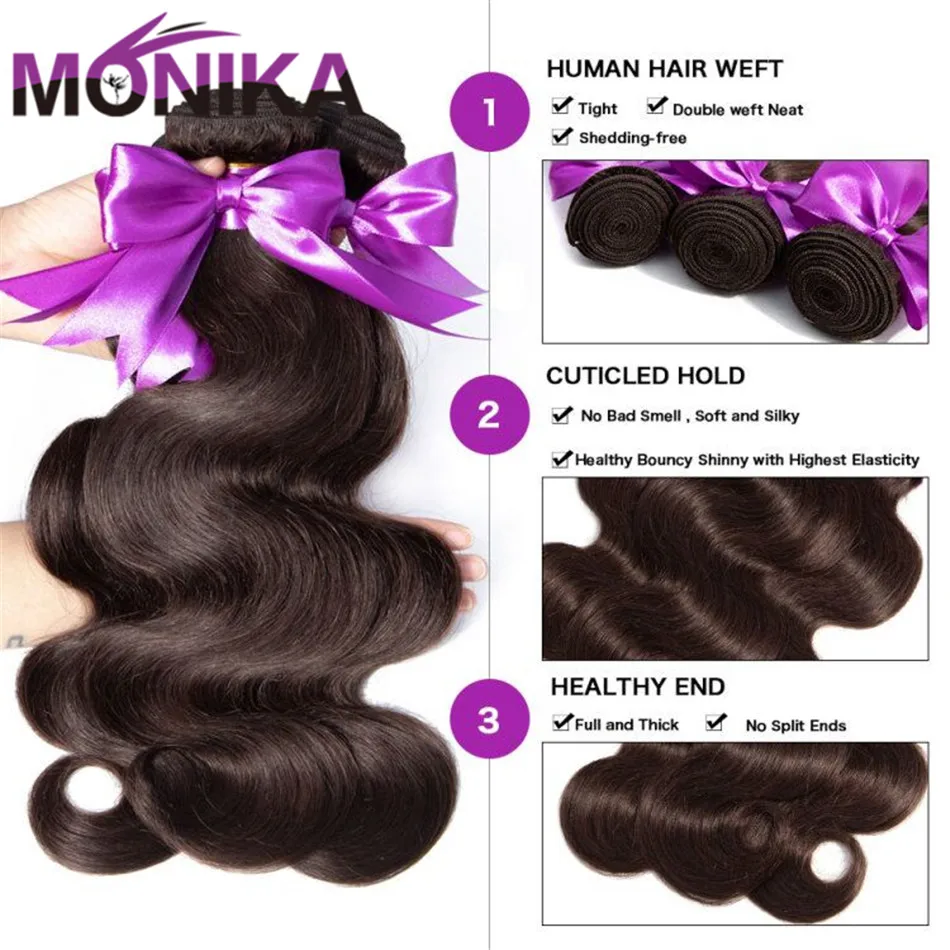 Mèches Body Wave brésiliennes non-remy – Monika Hair, cheveux naturels, extensions de cheveux, colorées, brun #4 #2, 8-26 pouces