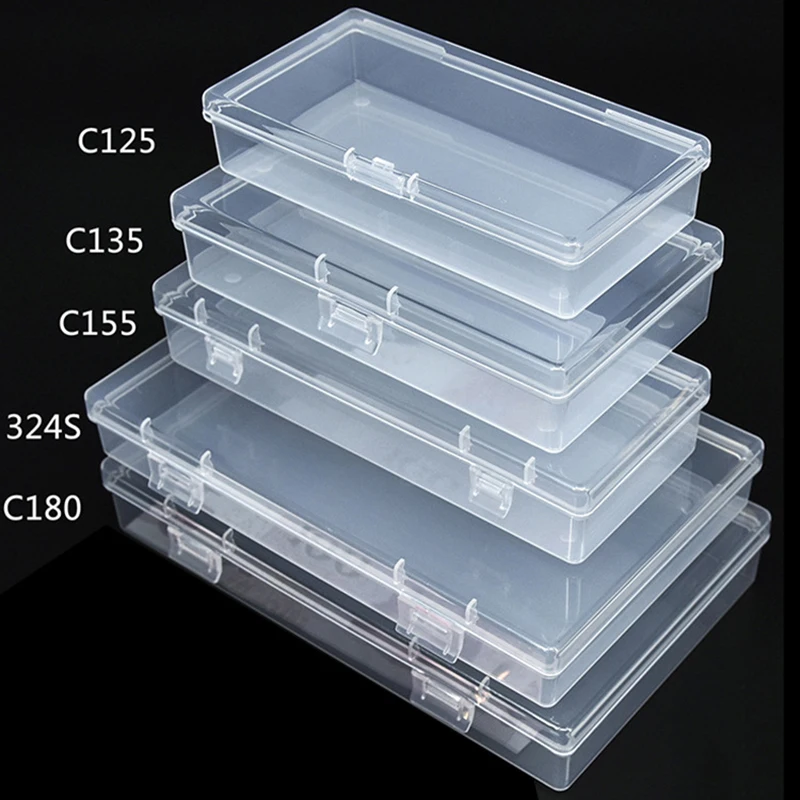 Caixa de plástico transparente para mangas, 5 tamanhos, peças, ferramentas de armazenamento de brinquedo, jóias, caixa de mostruário, parafuso,