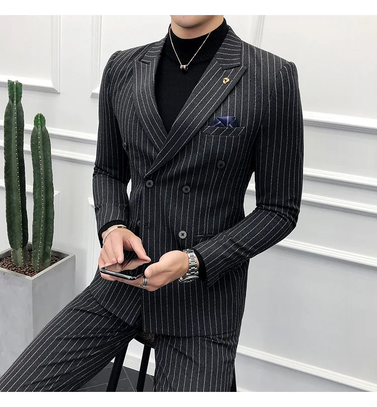 

JELTONEWIN High Quality Dark Grey Striped Men's Formal Double-Breasted Business Suit Groom Wedding Dress Mens Suit 2 Piece Set