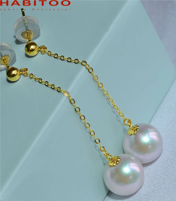 

Woman Earrings Genuine 18K Gold Jewelry Drop Earring 9-10mm Fine Round Natural Freshwater Pearl Real AU750 Chain Dangle Earrings