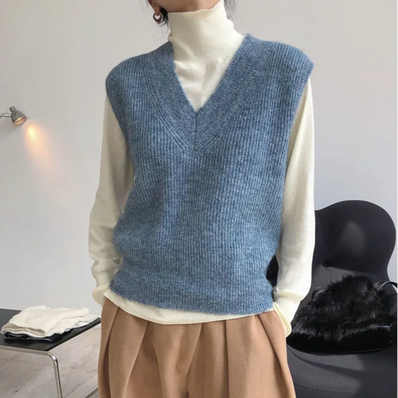 

2021 New Women Fashion Solid Color Loose V-neck Sleeveless Office Lady Wool Knitted Vest Top Spring And Autumn X365