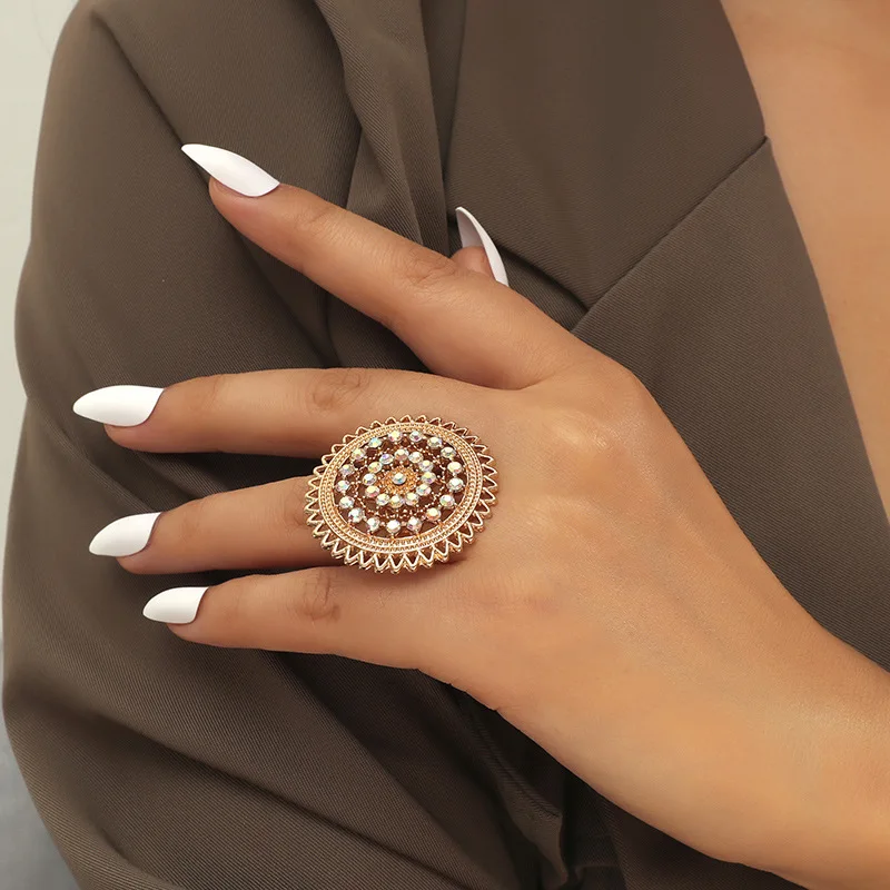 Big Round Finger Rings for Women Boho Indian Egypt Gold Color Metal Hip-hop Middle Shiny Rhinestone Finger Rings Party Jewelry