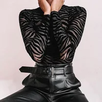 Women's Black Mesh Long Sleeve Slim Bodysuit with Sexy Stripe Mock Neck Transparent Casual Rompers for Party Club Lady 2025 - Image 6