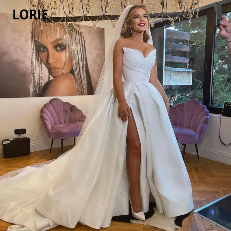 

LORIE Satin Wedding Dresses V-Neck Pleats Side Split A-Line White Ivory Custom Made Simple Bridal Dress 2024 Bridal Dresses