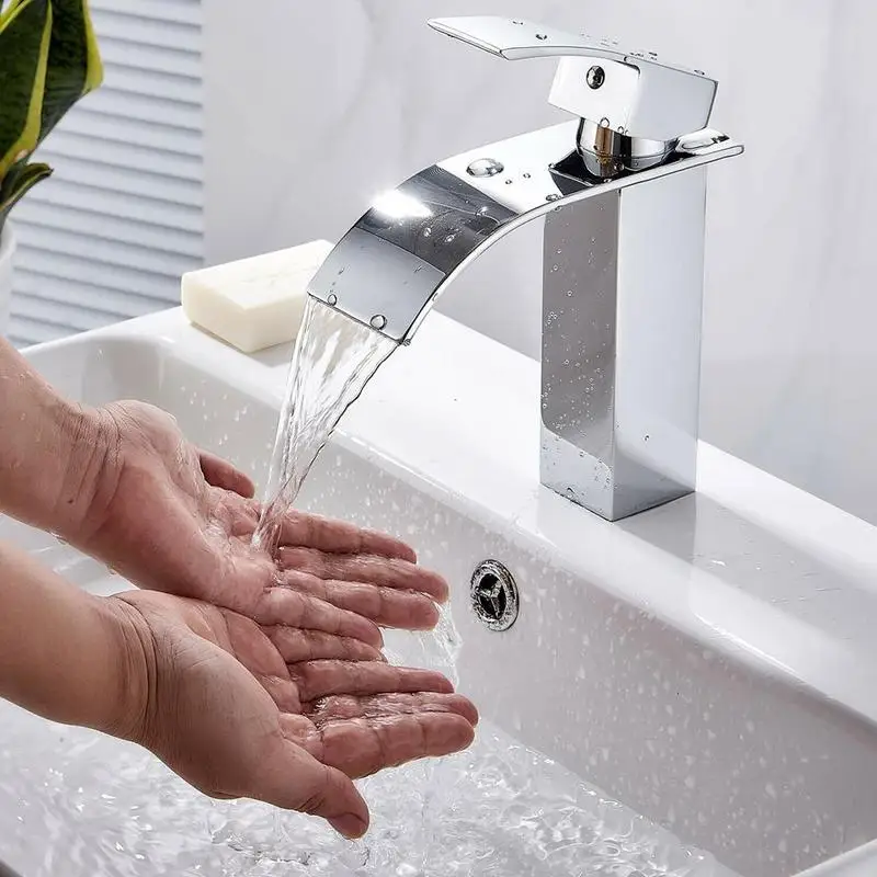 Bathroom Sink Faucet Chrome Waterfall Spout Basin Mixer Single Tap Mounted Cold Hot Water Mixer Tap Brass Vessel Sink Torneira