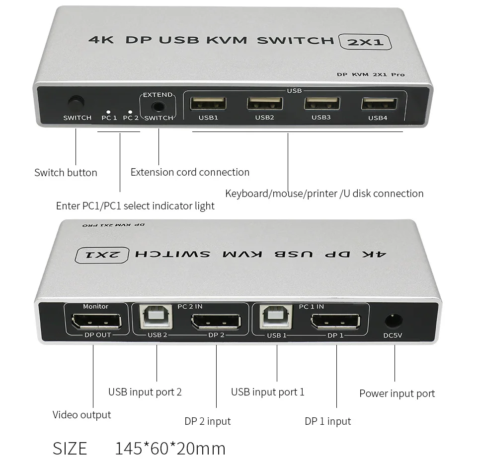 Dual-port Displayport przełącznik KVM 8K @ 60Hz USB Displayport KVM DP przełącznik 4KX2K/60Hz Displayport 2 w 1 na zewnątrz KVM USB