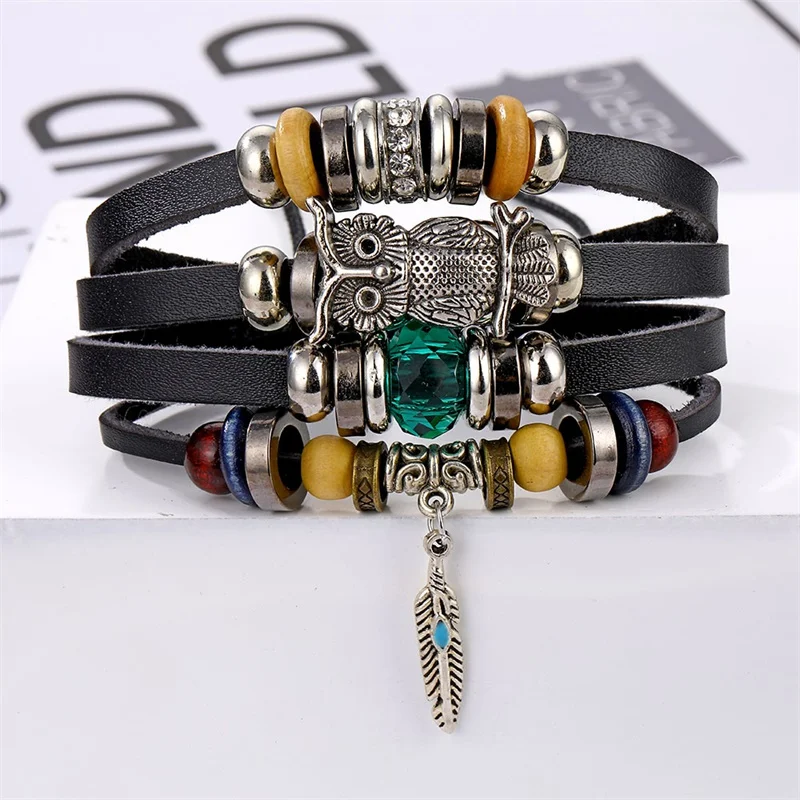 Boho Men Bracelet Gift Vintage Multiple Layers Leather Bracelet Rope Chain Wrap Bracelet Set Charms Owl Bangles For Men Jewelry