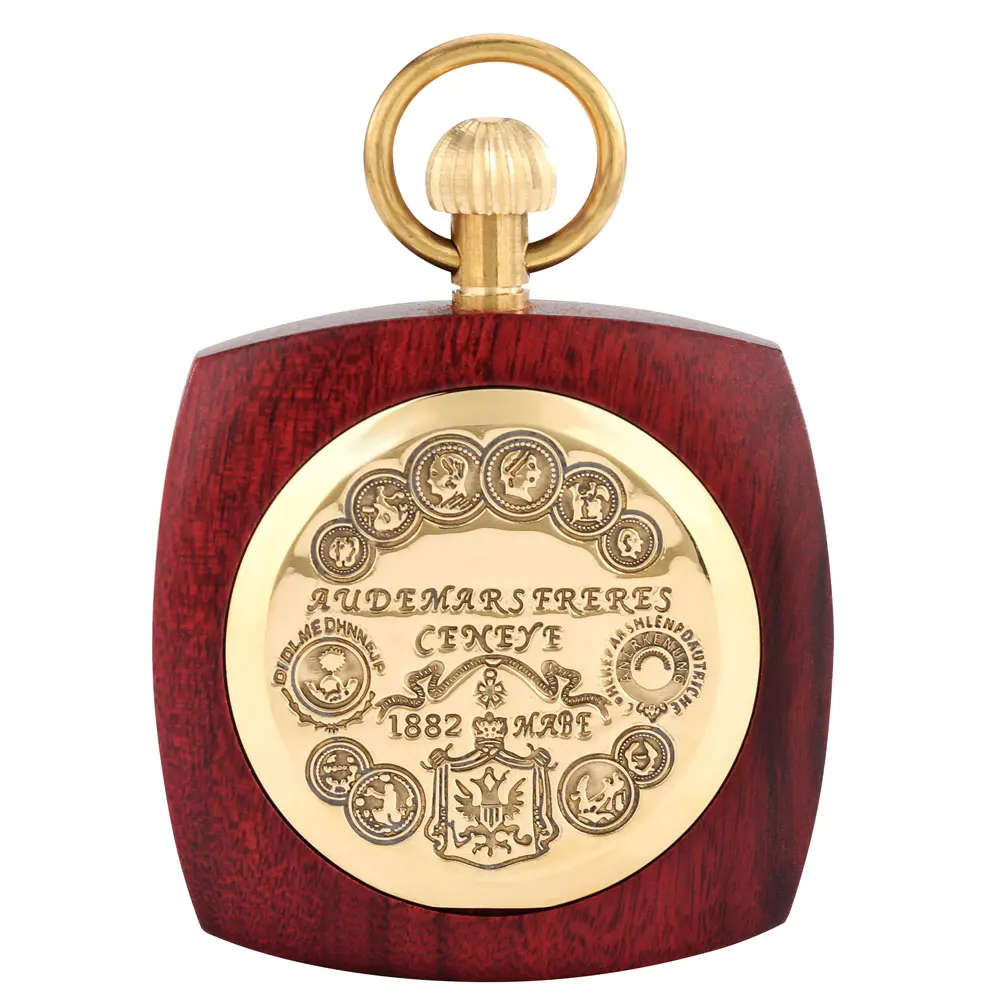 Square Eco-Friendly Red Sandalwood Mechanical Pocket Watch Classic Roman Numeral Black Dial Vintage Flip Cover Pendant Clock