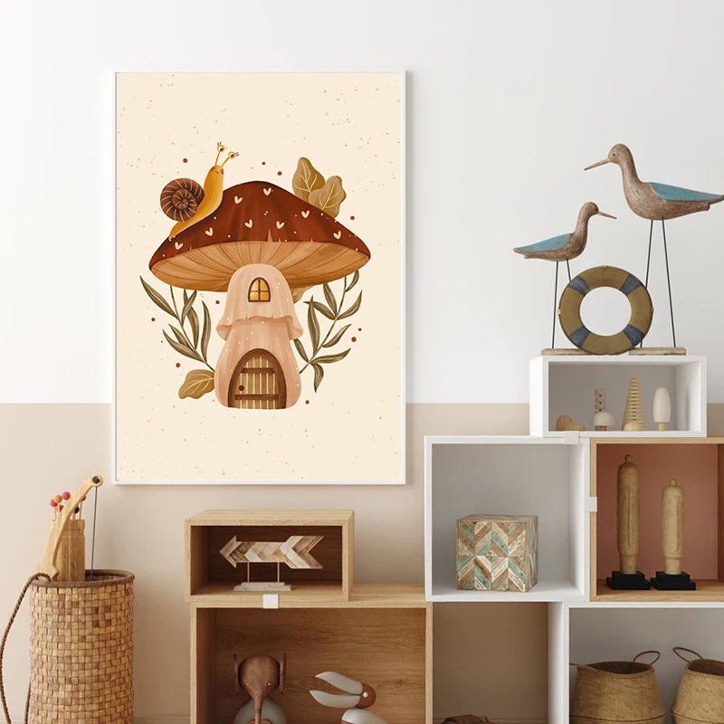 Cute Mushroom Poster Nursery Wall Art Prints , Autumn Forest Botanical Mushroom Canvas Painting Wall Pictures Kids Room Decor