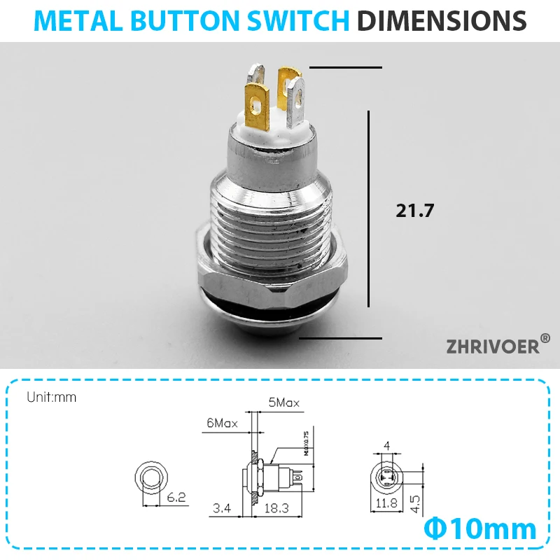 1pc 10mm With LED indicator Self-reset Momentary Self-locking Latching Metal Push Button Switch 4pins high head 3v5v12v24v220v