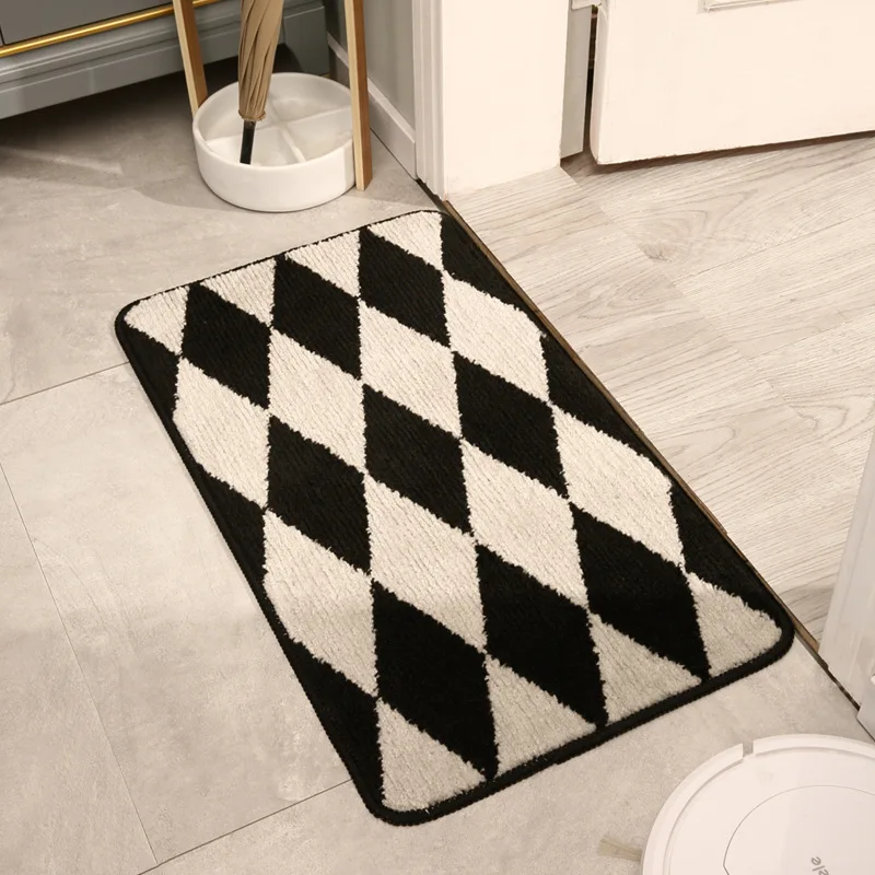 Door Mat Black Gray Check Geometric Carpet Modern Rug Absorbent Slip-resistant Pad Kitchen Floor Mats Home Decorations