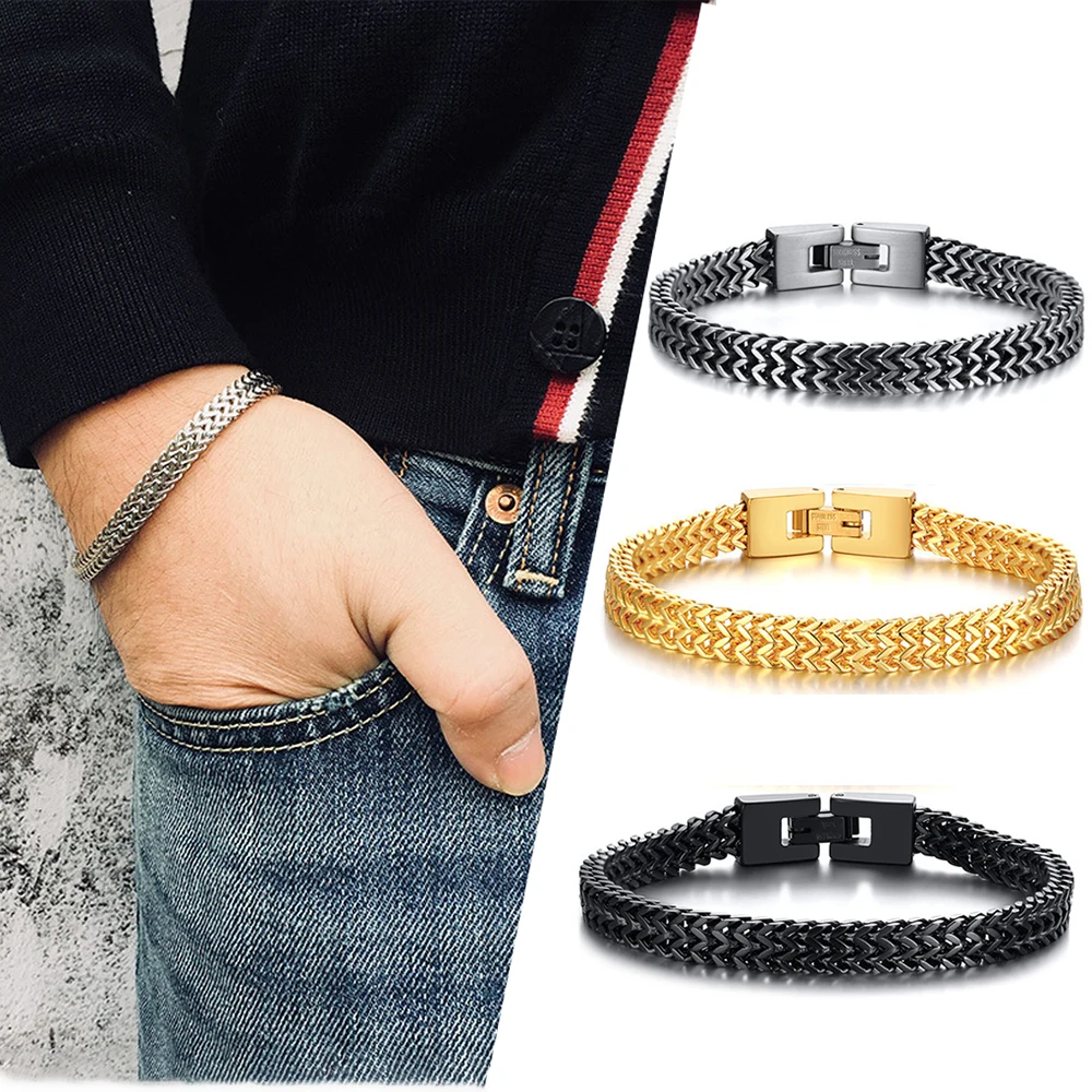 Vintage Oxidized Cool Double Curb Chain Bracelets For Men Stainless Steel Punk Cuban Link Chain Bracelet Biker Antique Chain