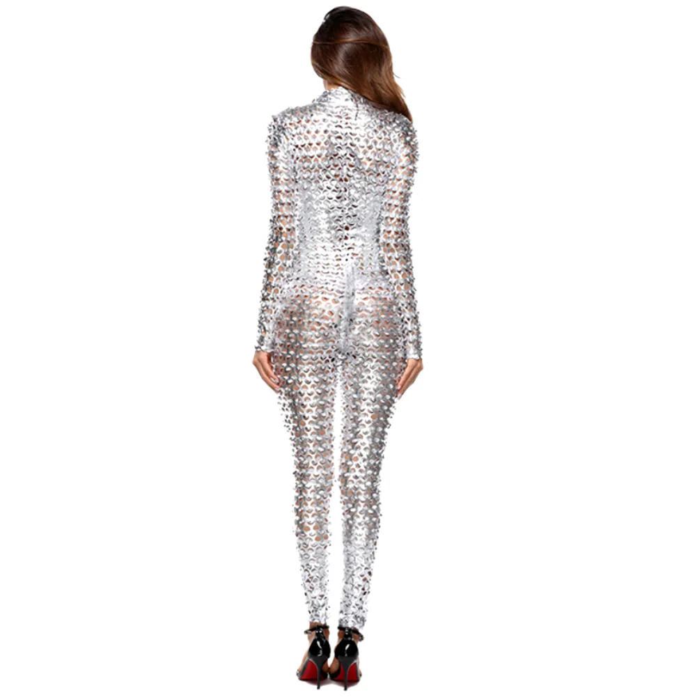 Women Mesh Bodysuit Hole Zipper Faux Patent Leather Tight Jumpsuit Nightclub Bodysuit Faux Patent Jumpsuit Nightclub Mesh Pants