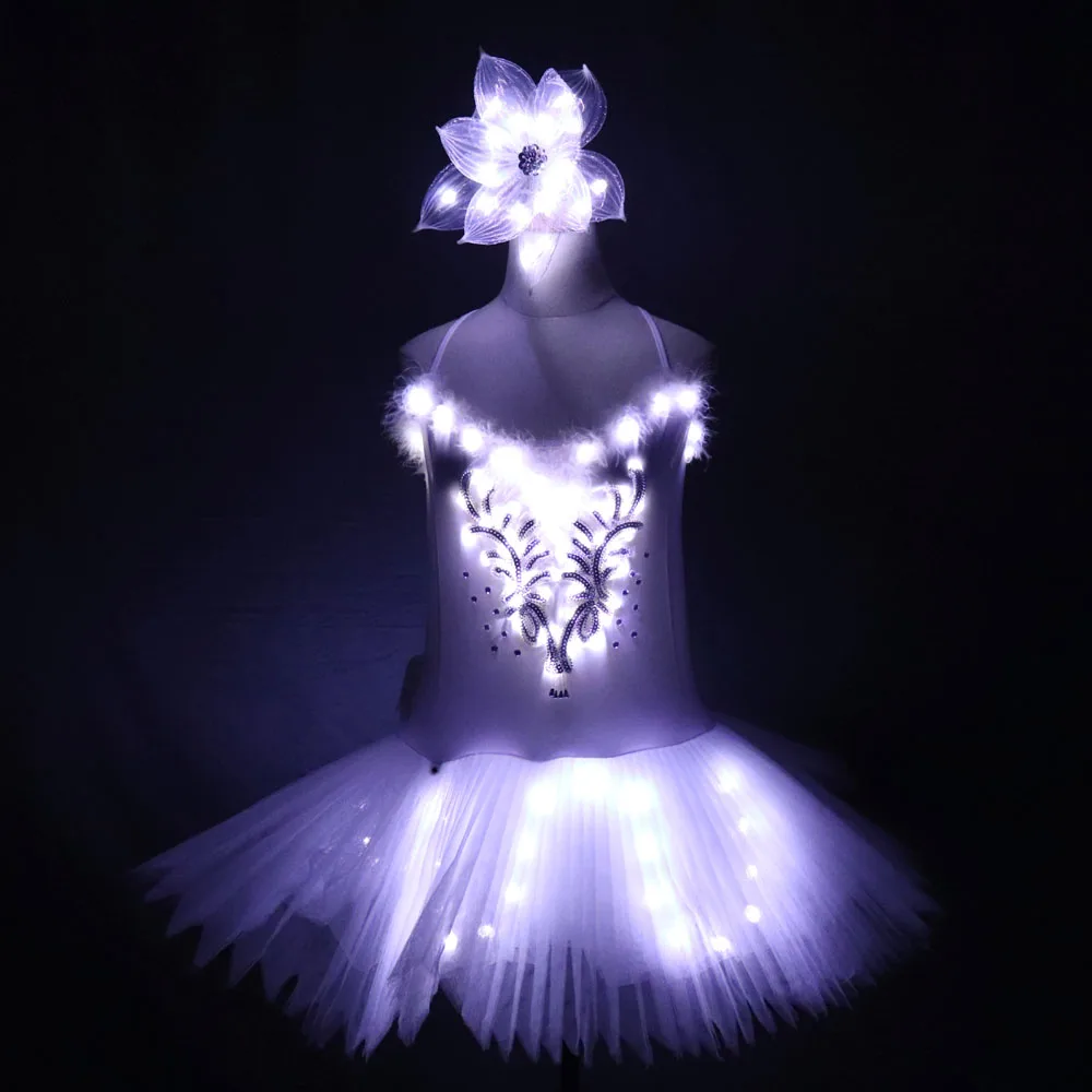 Luminoso ballet cisne lago led tutu véu traje adulto led ballet saia puff branco clássico led ballet saia vestido