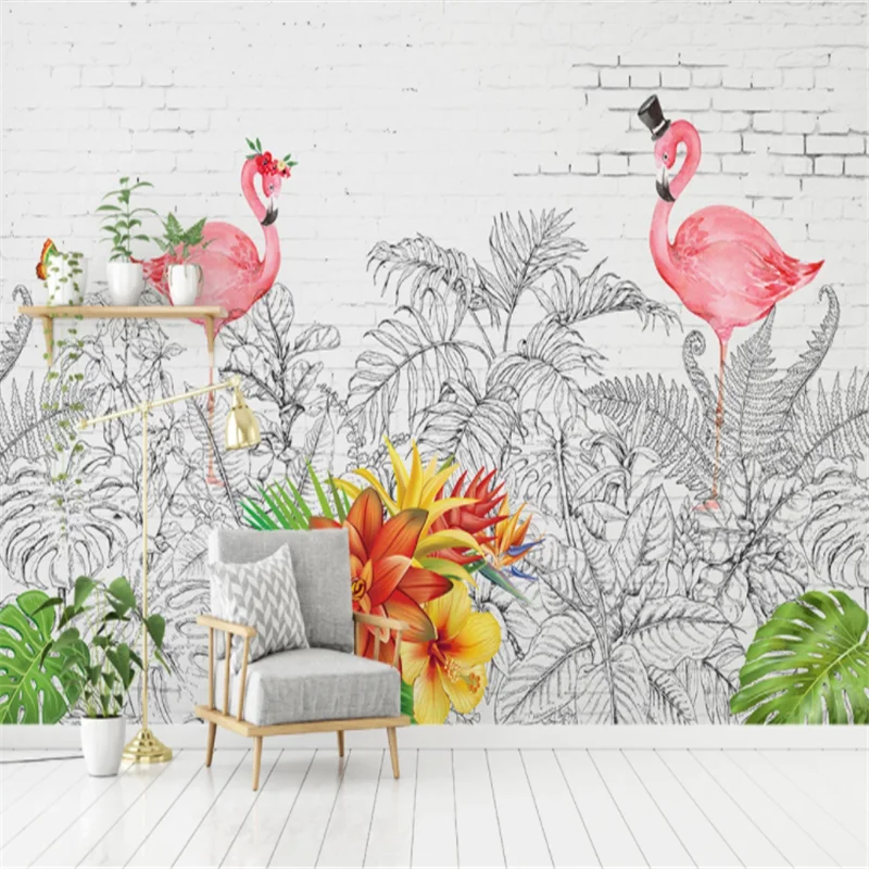 Custom Mural Wallpaper Small Fresh Flamingo Turtle Back Leaf Plant Background Wall Painting