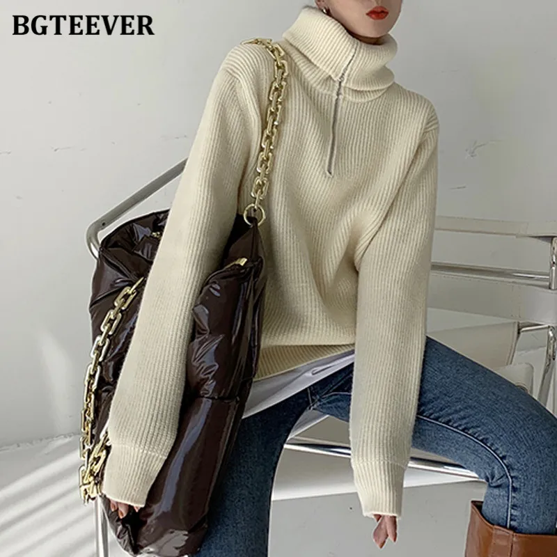 BGTEEVER Fashion Thick Turtleneck Zipper Pullover Sweaters Women Loose Long Sleeve Female Solid Knitting Jumpers Autumn Winter