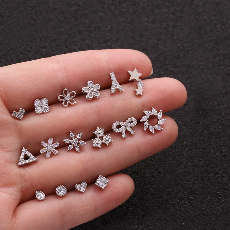 1PC 18G Tower Heart Flower Star  Stainless Steel Barbell Piercing CZ Ear Tragus Cartilage Helix Snug Piercing Stud