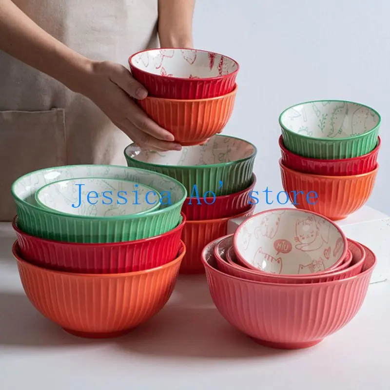 11-16cm S M L Large Bowls for Kitchen Nordic Tableware Salad Bowl Ceramic Noodles Bowl Embossed Cute Soup Bowl Set Fruit Bowl