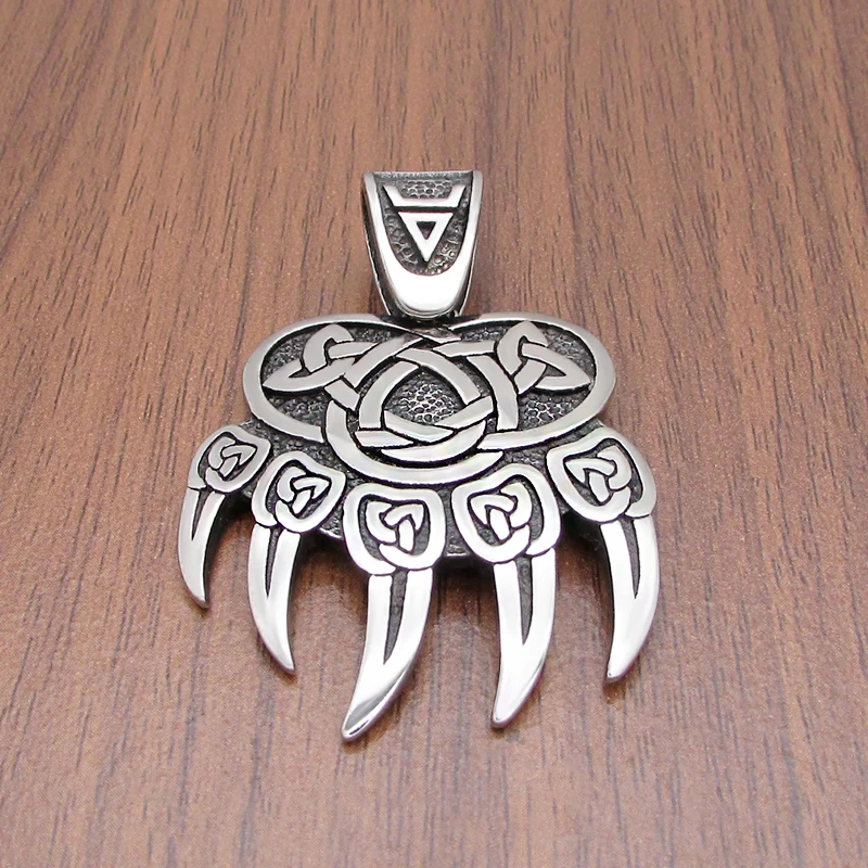 Vintage Celtics Knot Viking Silver Color Stainless Steel Bear Claw Pendant Necklace Nordic Amulet Jewelry