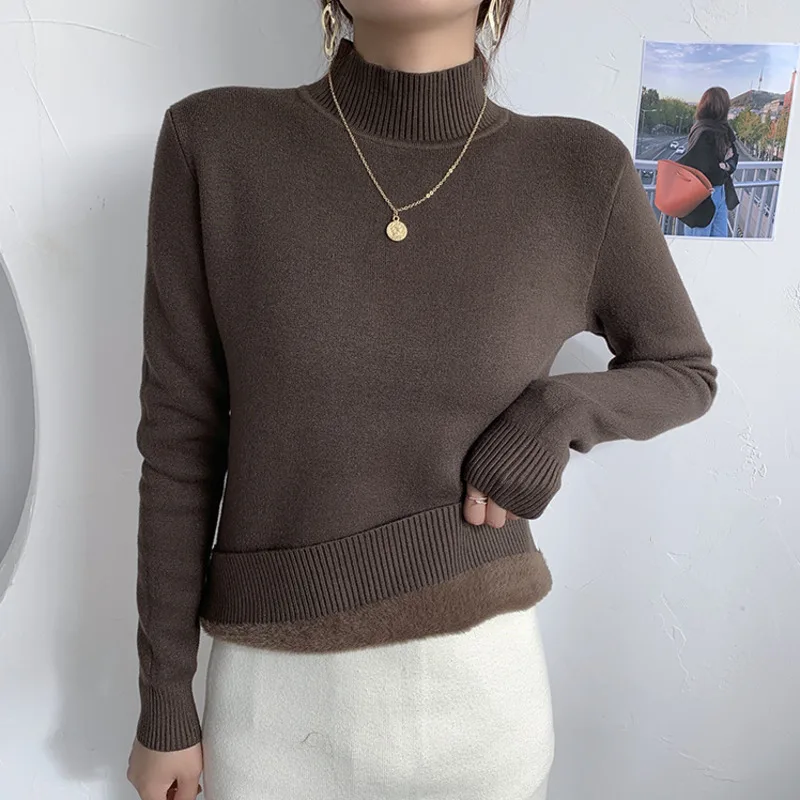 Soft Warm Cashmere Women Sweaters Jumpers Faux Fur Fleece Turtleneck Pullovers Winter Knit Jumpers Thick Lady Winter Tops