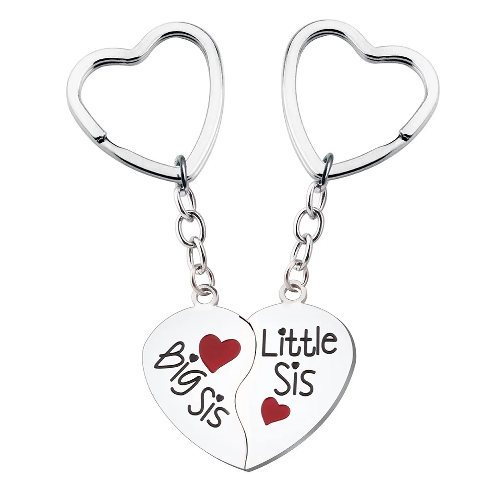 2pcs/set Red Heart Pendant Big Sis Little Sis Key Chain Key Ring Keychain Gift for Sister Best Friend