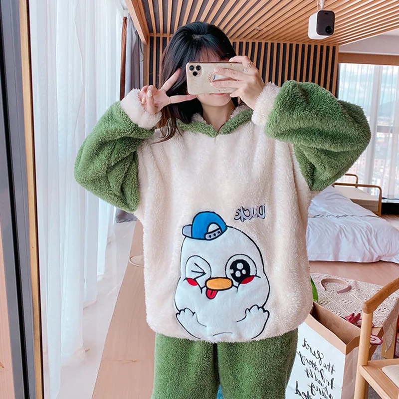 Autumn and Winter Women's Pajamas Women Plush Thick Warm Hooded Long-sleeved Suit Cute Home Casual Wear