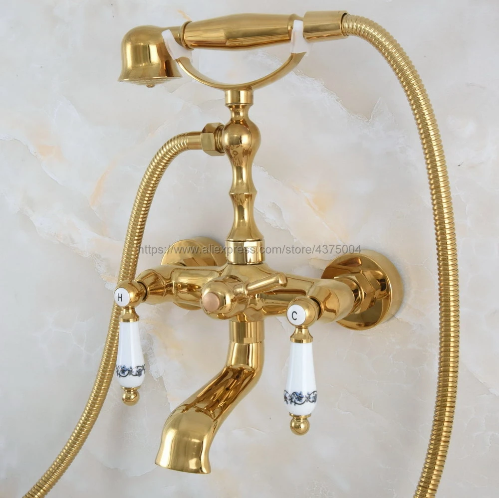 

Gold Color Brass Wall Mounted Bathroom Clawfoot Bathtub Faucet & Hand Shower Basin Sink Mixer Tap & Hand Shower Nna859