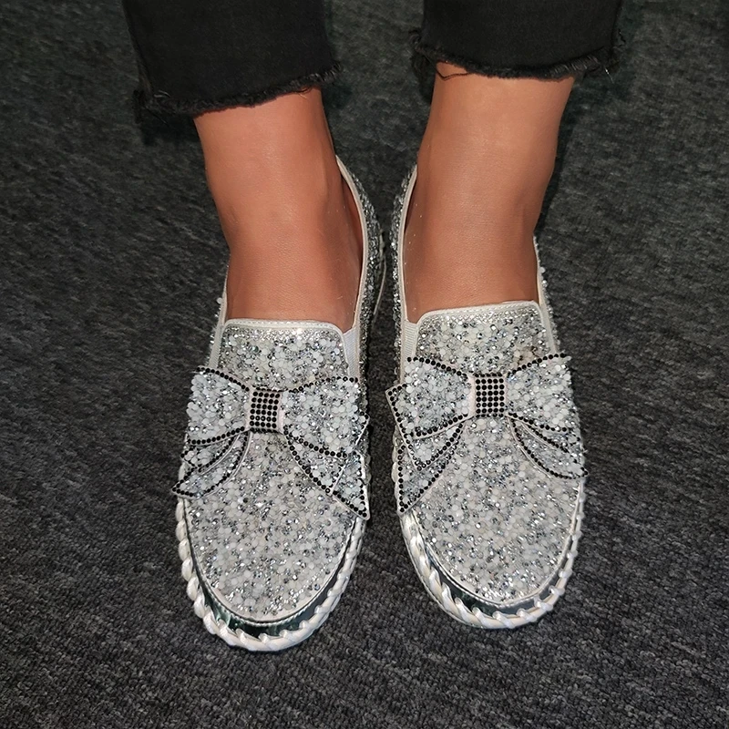 Pink Women Shining Rhinestone Loafers Bowknot Slip-on Thick Botton Casual Ladies Crystal Shoes Female Platform Shoes