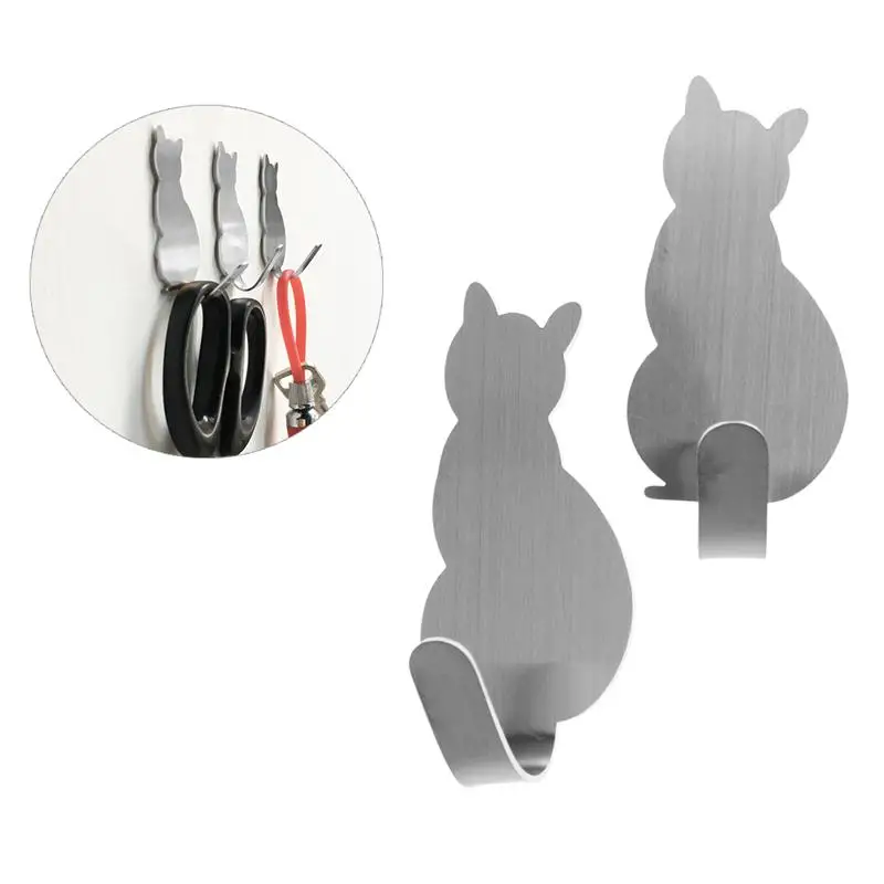 8pcs Creative Wall Mounted Key Hangerss Cat Shaped Nail Free Stainless Steel Hooks Adhesive Towel Coat Wall Mounted Hooks