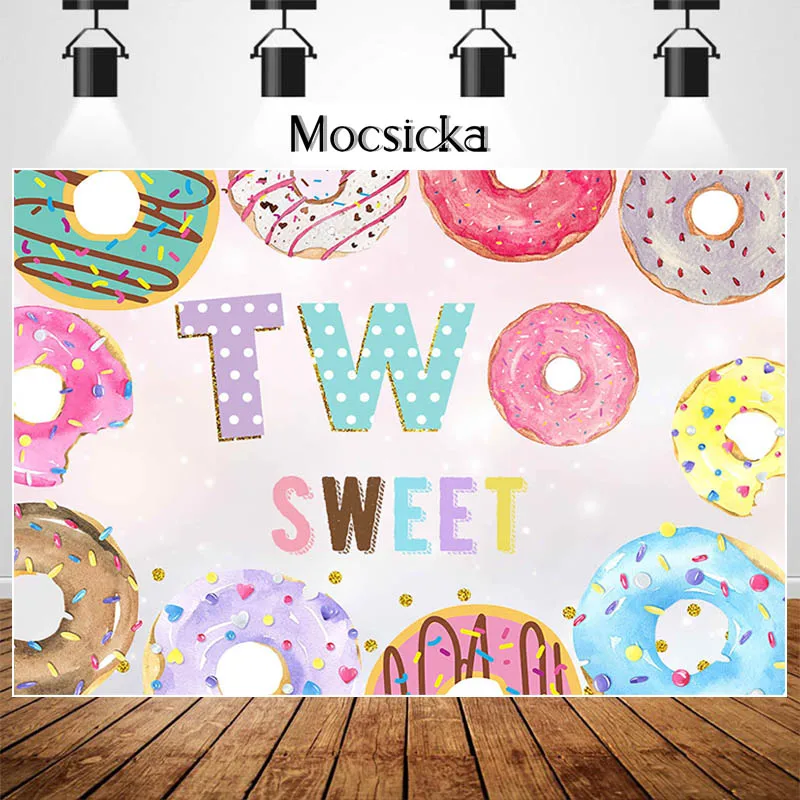 

Two Sweet Donuts Backdrop Happy 2th Birthday Party Photography Background Girl Birthday Party Cake Table Decorations Prop