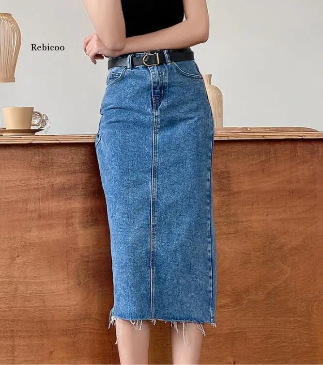 High Waist Women Denim Skirt Long 2021 New Arrivals Blue Sky Blue Tassel Split Casual Jean Skirts For Ladiesjupe longue femme