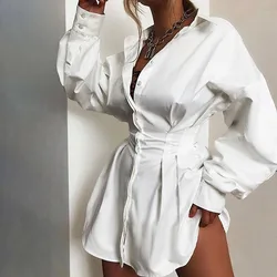 Stale's new cross-border ebay independent station solid color dark v pleated waist sexy shirt dress