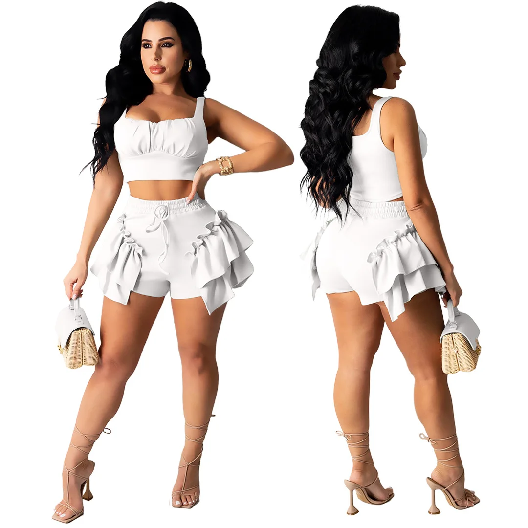 2021 Summer Beach Outfit Two Piece Set Solid Strap Pleated Crop Top Bandage Vest Ruffle Shorts Pants Workout Tracksuit Fitness