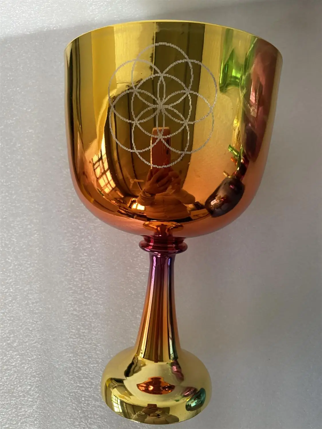 4th octave D note perfect pitch mixed color crystal singing chalice with engravings 432Hz