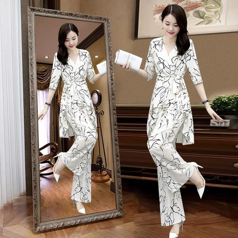 

Women's Suit Casual Summer Two Piece Set 2024 New Fashion Wide Leg Long Pant Half Sleeve Top Korean Style Printed Office Outfits