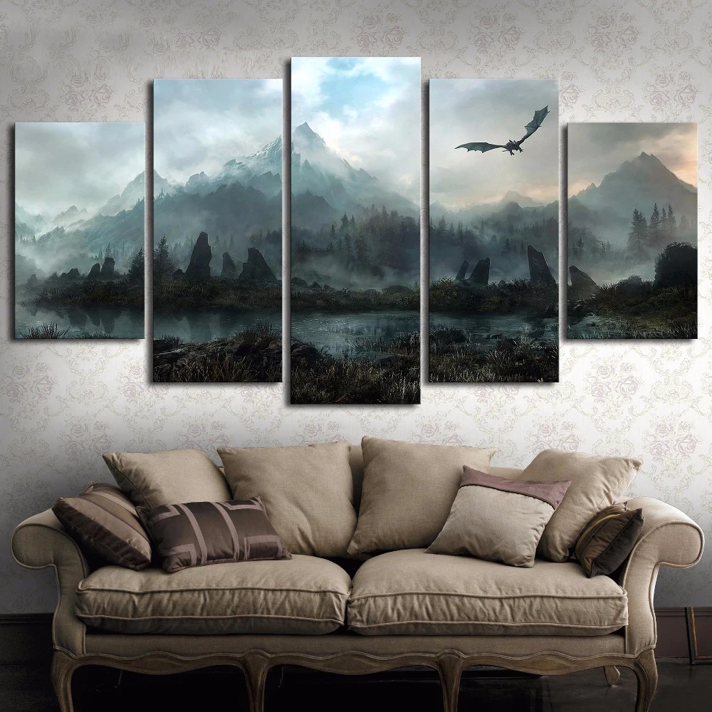 Obrazy na ścianę na płótnie Home Decor 5 sztuk gra o tron Dragon Skyrim obrazy do salonu modułowe wydruki plakat ramki