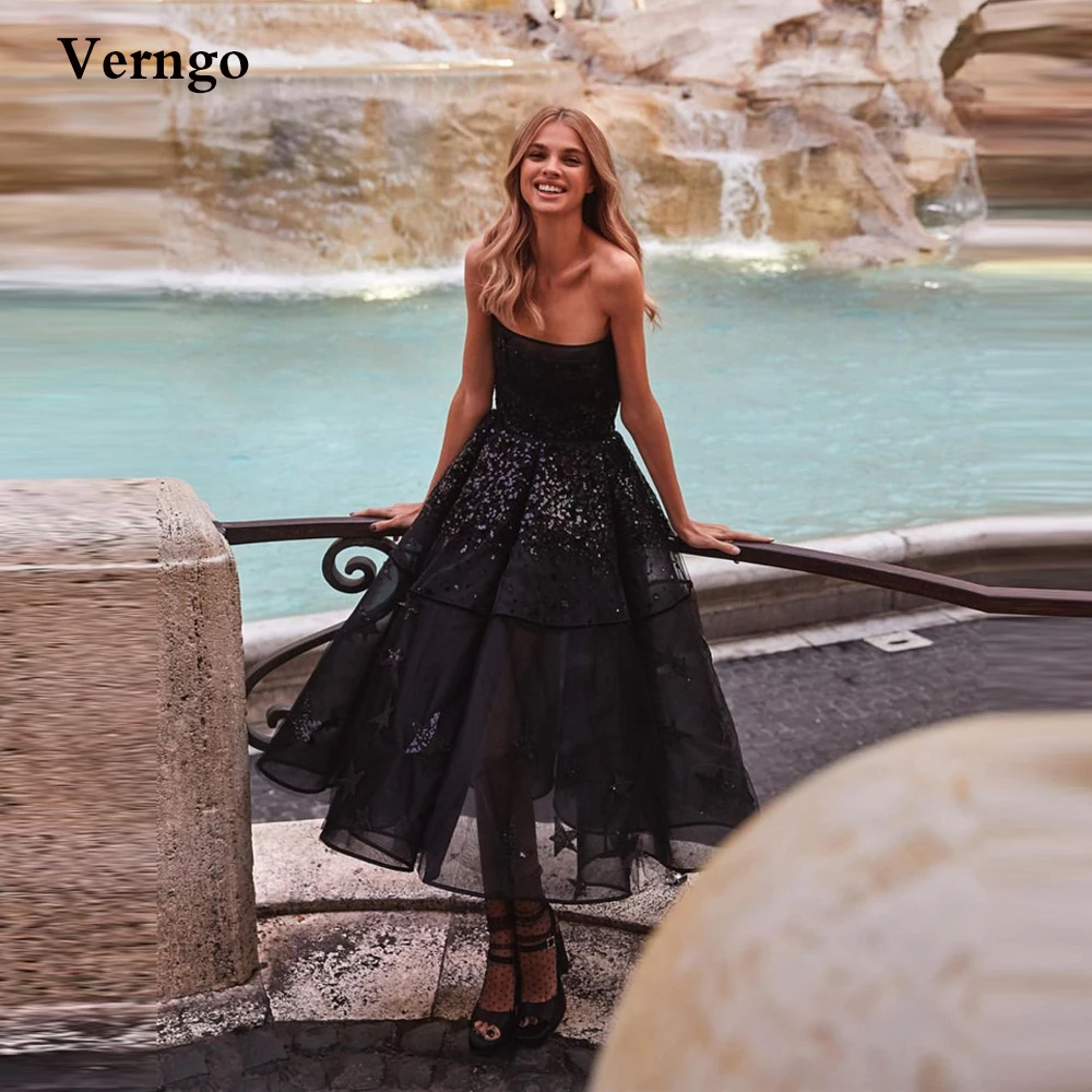 Verngo moderno uma linha preto vestidos de noite sem alças estrelas padrão saia macia shimmer contas baile vestidos chá comprimento vestido de festa