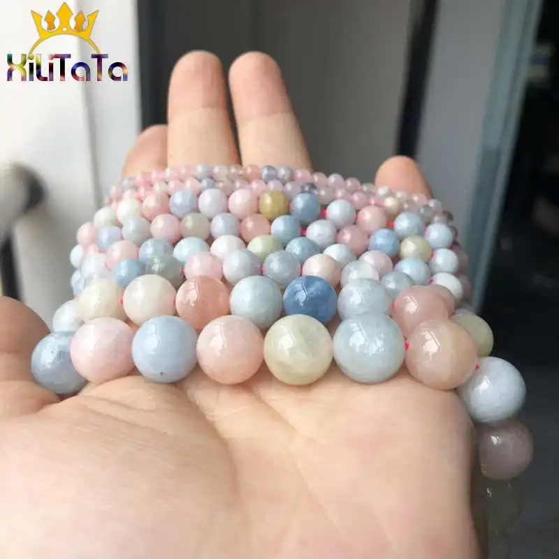 Natural Genuine Colorful Morganite Stone Beads Round Loose Beads For Jewelry Making DIY Bracelet Accessories 15\'\' 4/6/8/10/12mm