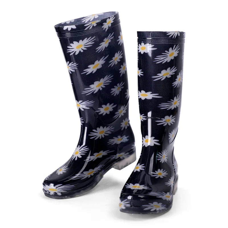 Golden Flowe Pvc Water Shoes High Women Tall Rain Boots Thick Heel 2021 Casual Shoes Female Waterproof Rain Boots for Rain