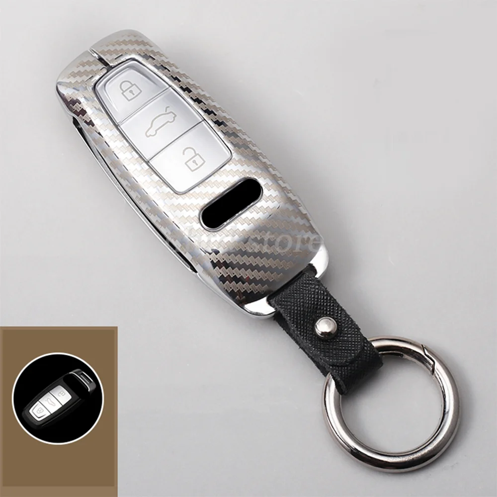 For Audi A6L A7 A8 E-tron Q8 2019 Carbon Texture Metal Remote Start Car Key Case Cover Fob Protector Holder Auto Accessories