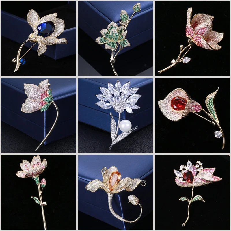 

Korean Fashion Flowers Brooches for Women Elegant Zircon Lily Rose Magnolia Pearl Brooch Pin Bride Corsage Wedding Jewelry Pins